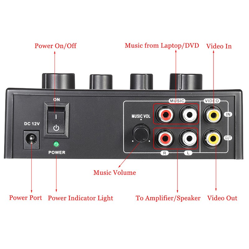 Tragbarer audiomixer mit zwei mikrofoneingängen für verstärker und mikrofone – ideal für karaoke und mehr.