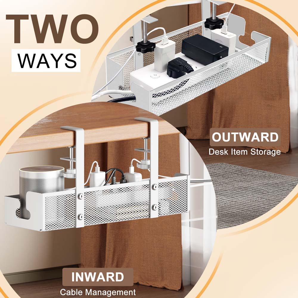 Under Desk Office Table Organizer Rack No Drill Steel Tray Clamp Mount Under Table Cord Wire Management Tray Cable Management