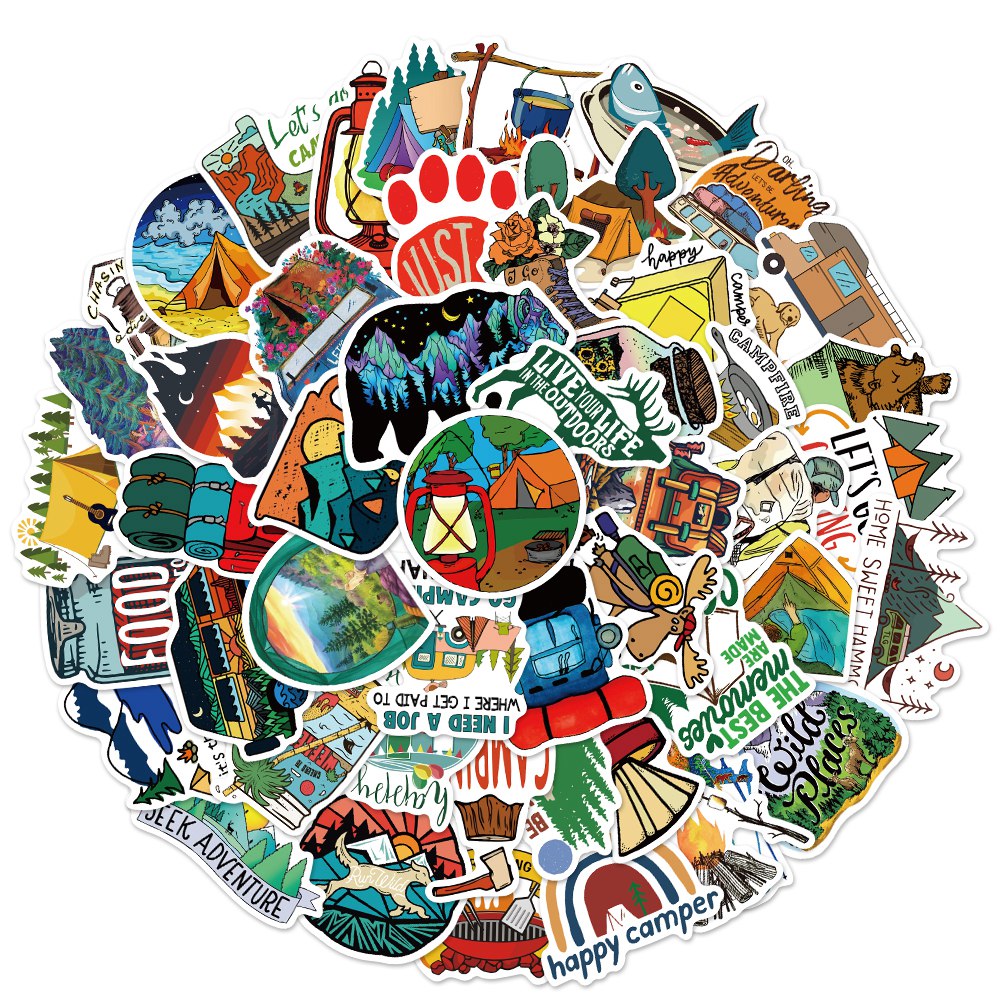 10/20/50pcs Camping Stickers Outdoor Adventure Nature Hiking Aesthetic Vinyl Backpack Bottle Phone Case DIY Waterproof Decals