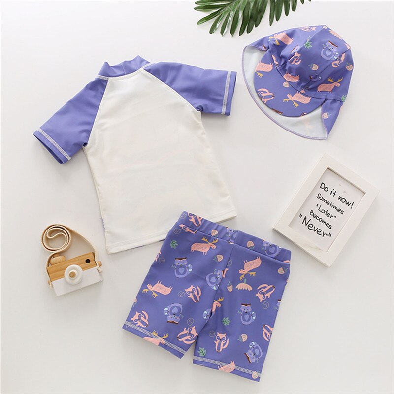 Conjunto de ropa de natación para niños, Tops de manga corta púrpura, pantalones cortos, sombrero, 3 uds., trajes de protección solar para playa, ropa de bebé