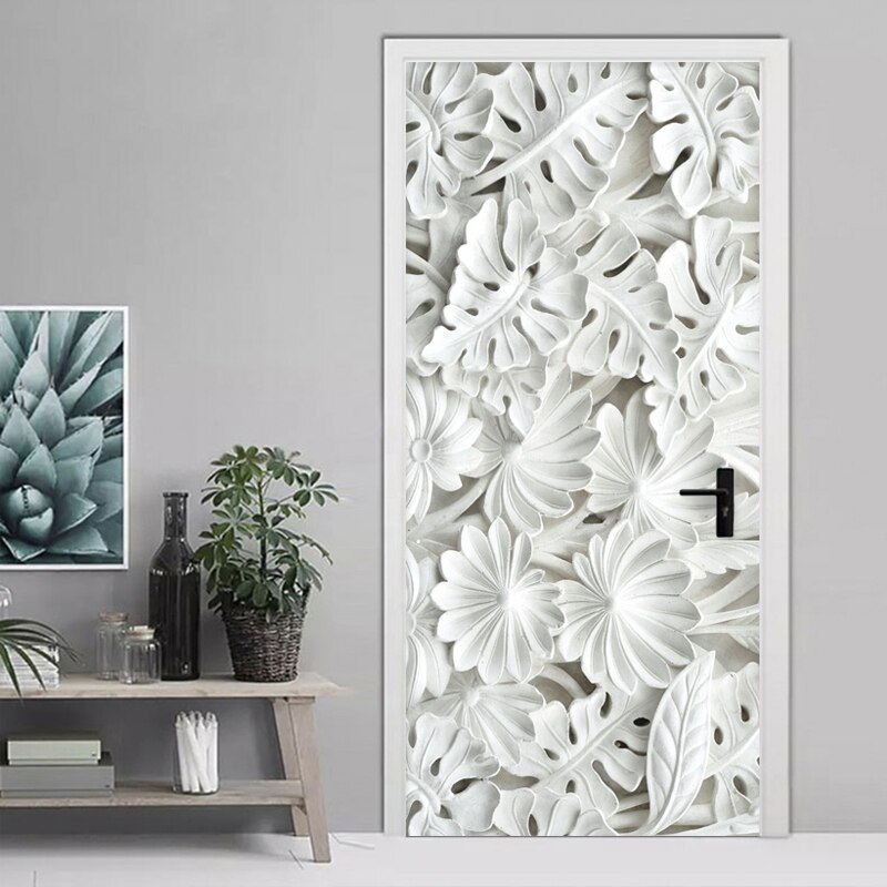 Pegatina autoadhesiva de puerta 3D, patrón de hojas blancas estéreo, sala de estar de yeso para papel tapiz, dormitorio, decoración del hogar, pegatinas impermeables de PVC