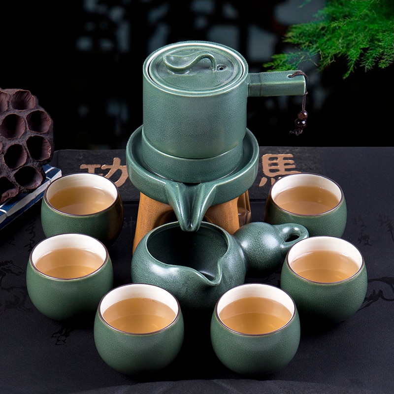 Semi-automatic Tea Set Stone Mill Teapot Household Simple Lazy Ceramic kungfu Tea Cup Set