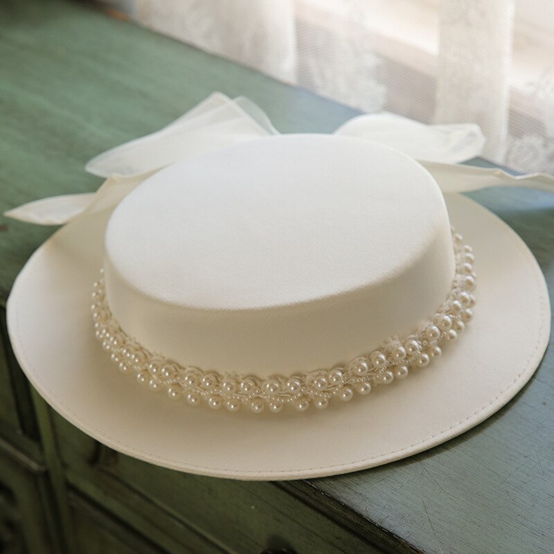 White wedding Hat Retro Topper Spring Summer Bowknot Pearls Decoration Accessories Top Hat