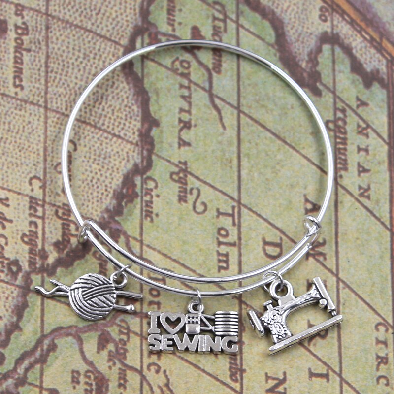 Zilverkleurig metaal dames vintage ik hou van breien naaimachine garen schaar bedels accessoire mannen armbanden sieraden