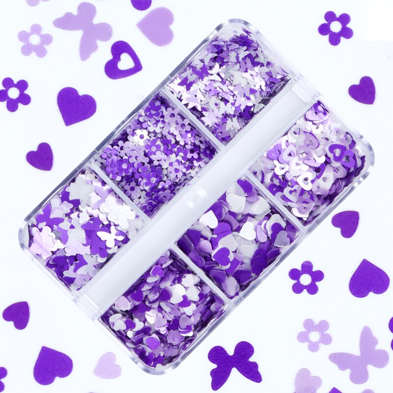 Neon- Herz Schmetterling Nagel Pailletten einstellen Irridescent Stern Blume 3D Charme Flocken Dekoration für Nagellack funkeln Zubehör: 6G-ZS