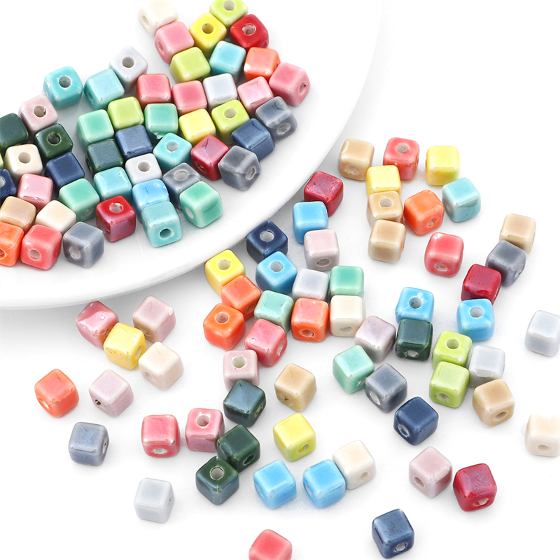 10 pçs cores da moda 6/8mm contas quadradas cubo contas de cerâmica diy 2mm buraco contas artesanais contas de porcelana para fazer jóias