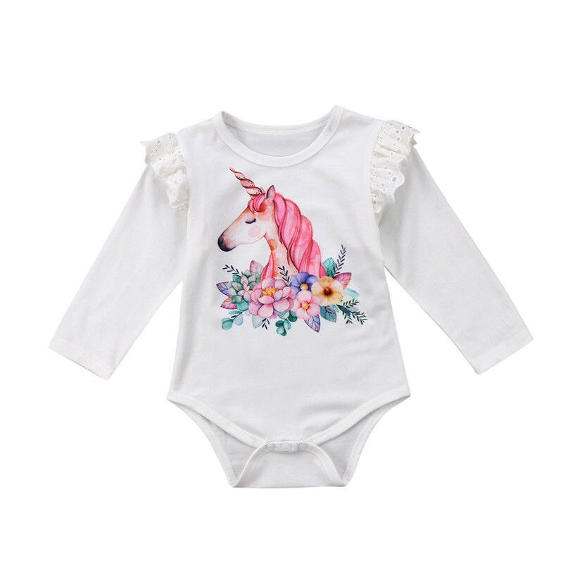 Neugeborenes Baby Mädchen Langarm Rüschen Einhorn Bodysuitoverall Nette Kleidung Kräuseln Outfits: Weiß / 24M