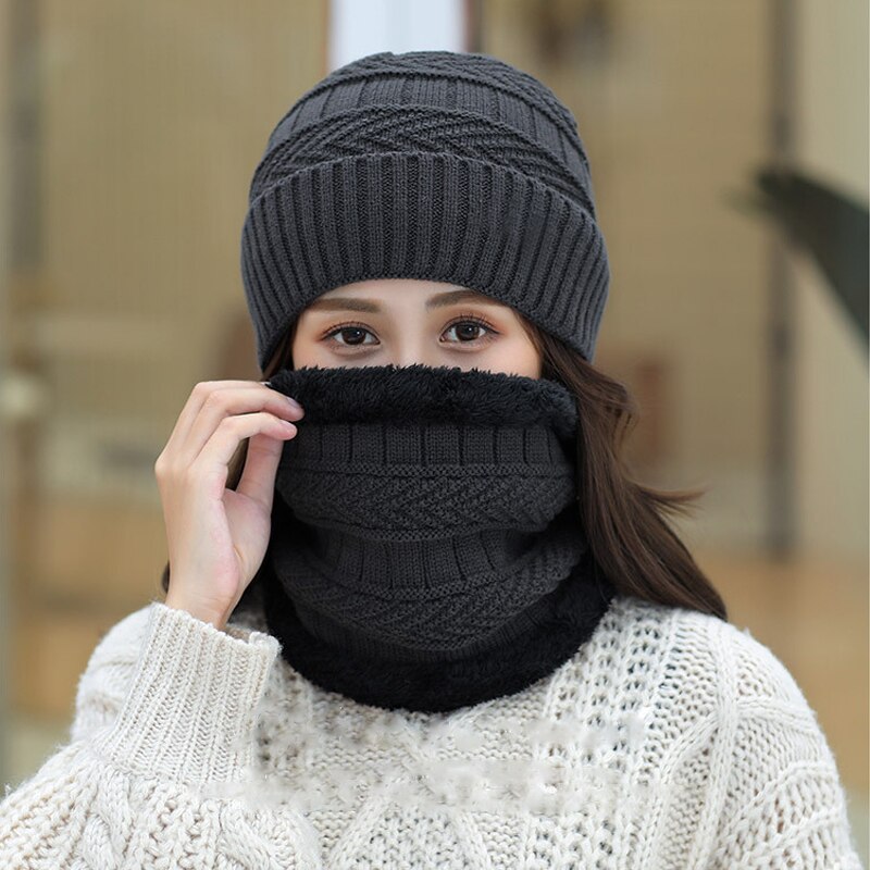Gorro de invierno tejido, conjunto de bufanda, gorros gruesos de algodón para mujer, cuello, suave gorro de felpa que mantiene el calor para mujer