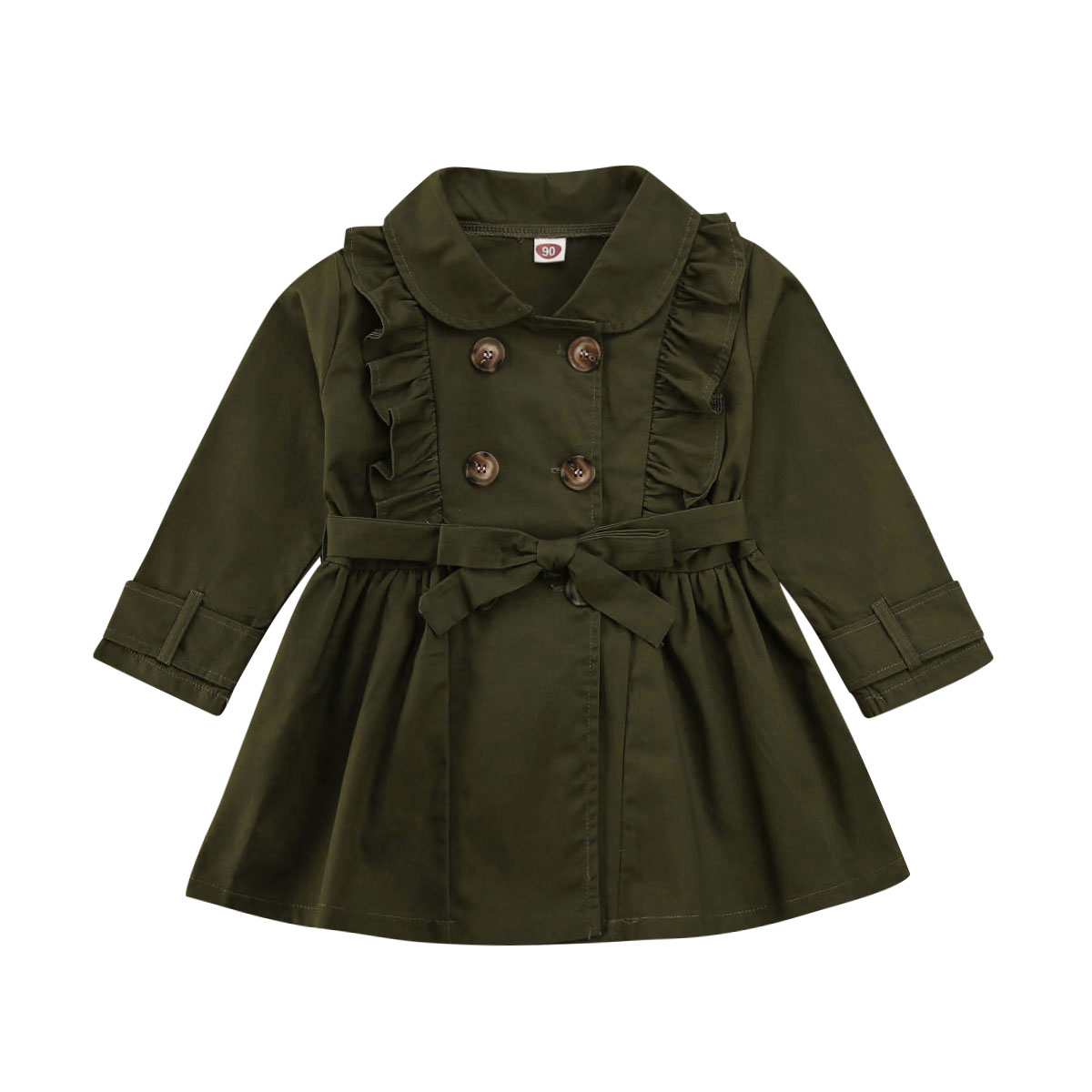 2-7t flæser trench småbørn pige afslappet jakke efterår windbreaker kjole frakke langt outwear sæt: Militærgrøn / 4t