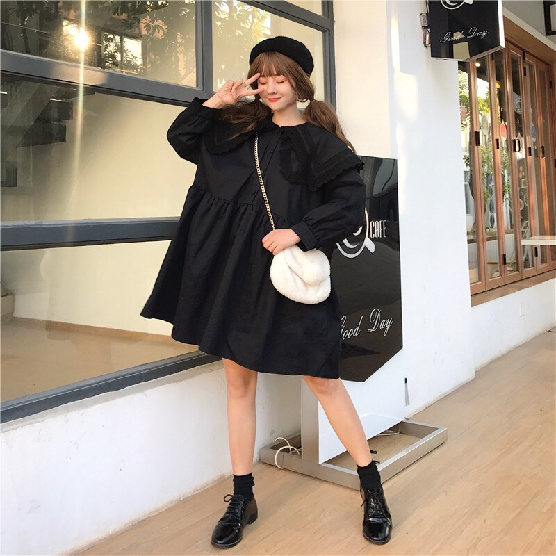 Japansk harajuku kvinder mini lolita kjole dobbeltlags blondekrave oversized sort hvid kjole efterårs sød kawaii pigekjole