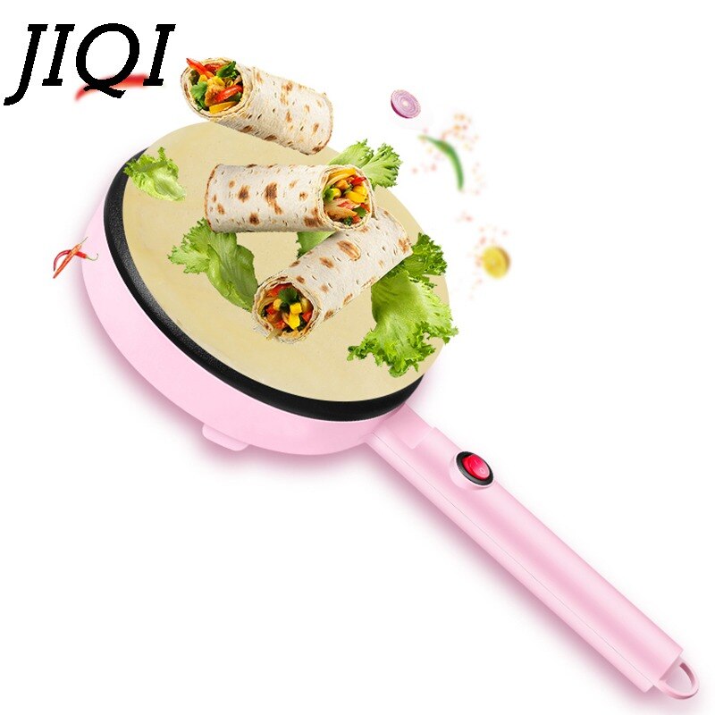 JIQI-máquina de tortitas eléctrica para hacer crepes y Pizza, plancha antiadherente para hornear pan y pasteles, utensilios de cocina de 220V, color rosa, para UE y EE. UU.