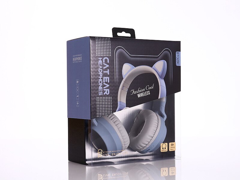 Cuffie Bluetooth a LED con orecchio di gatto cuffie carine, cuffie Bluetooth per bambini per ragazze cuffie vivavoce con luce incandescente cuffie da gioco: 028C gray with box