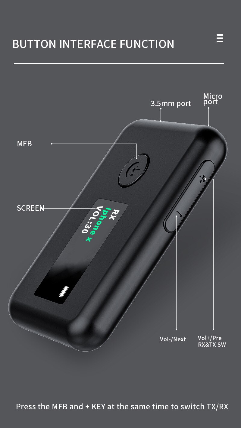 Portable 2in1 Bluetooth Adapter Bluetooth 5.0 Transmitter Receiver LED Screen Bluetooth Adapter For TV/Car/Home Wireless Adapter