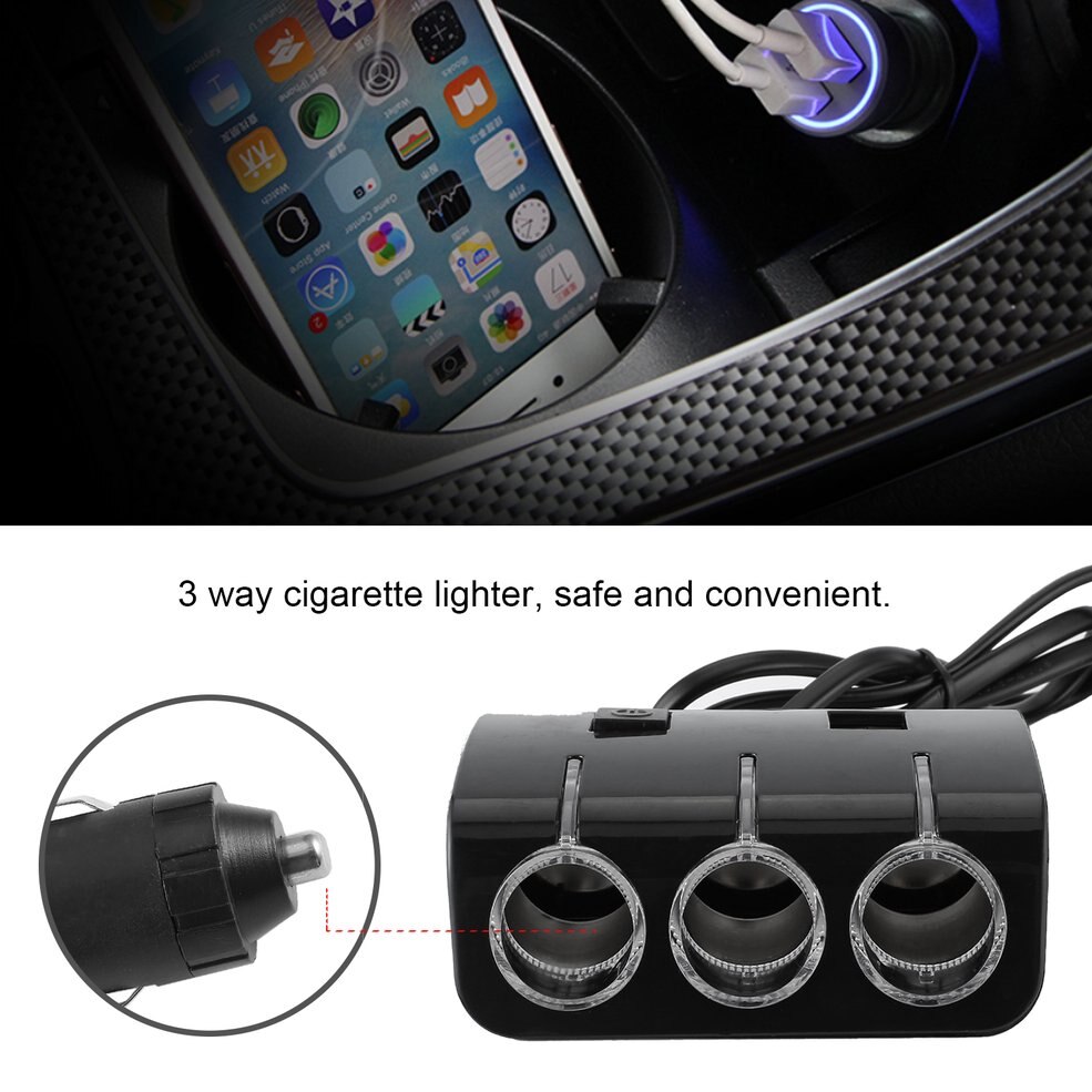 Car Cigarette Lighter Plug Power Adapter Output 120W 5V Dual USB Port 3 Way Car Cigarette Lighter Socket Splitter Charger 12V