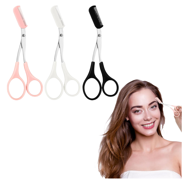 Pink eyebrow trimming scissors with built-in comb - stainless steel, precise grooming tool, creating perfect eyebrows