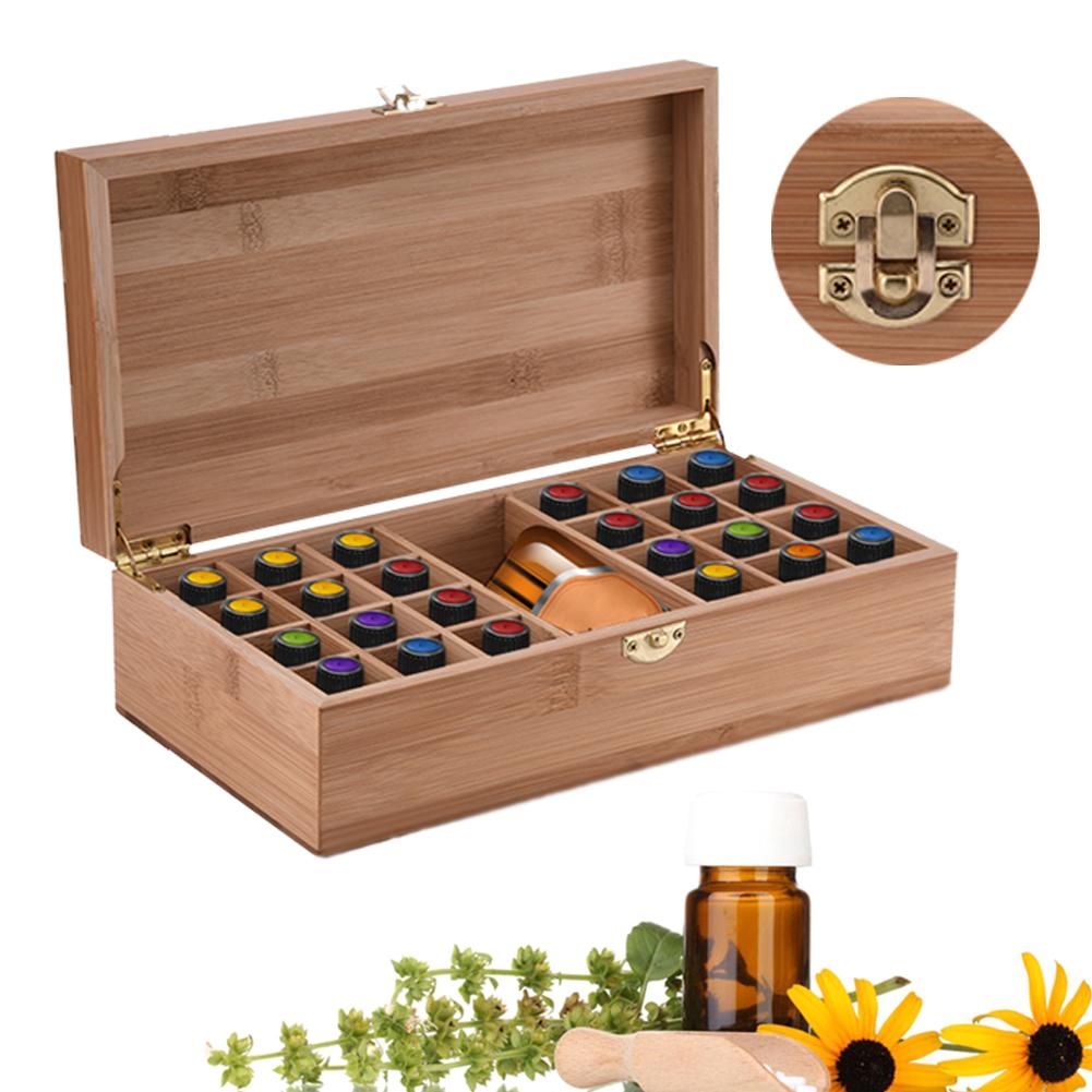 Boîte en bambou haut de gamme pour huiles essentielles, avec 25 grilles, boîtier de rangement en bois de protection, bricolage, pour ornement artistique, décoratif