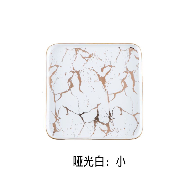 Square Tableware Marble Plates Ceramic Dinner Set Gold Inlay Porcelain Dessert Plate Steak Salad Snack Cake Plates: white--S