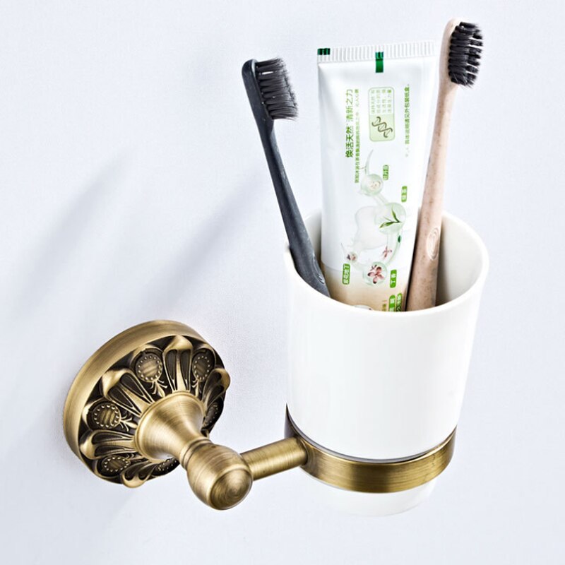 Antieke Badkamer Accessoires Set Brons Vintage Messing Föhn Houder Wc Papier Handdoekenrek Ring Zeep Mand Gewaad Haak Handvaten: Tumbler Holder