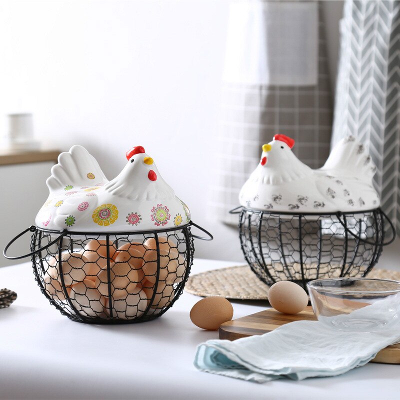 Porte-œufs Décoratif Avec Couvercle En Céramique Et Panier Métal - Pour 2 Douzaines D'œufs - Style Ferme - Décoration De Cuisine Ou Cadeau - 13