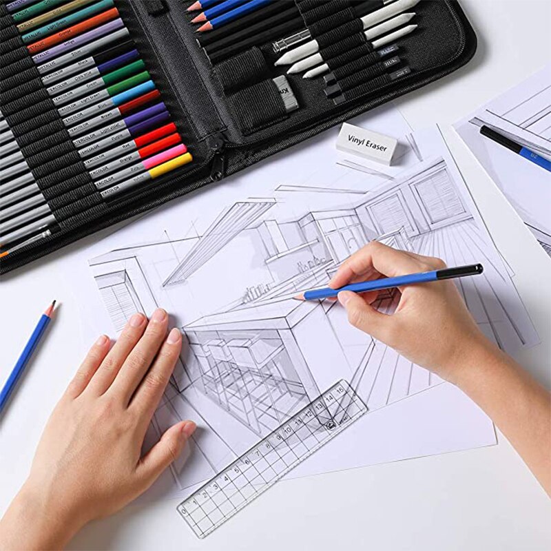 51Pcs/Set Sketch Pencils Set Drawing Sketching Kit Includes Graphite, Metallic Color, Water-Soluble Color Pencils Art Supplies