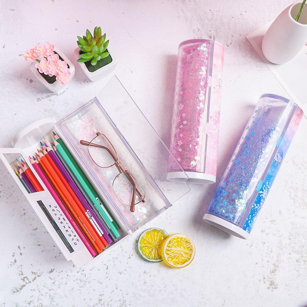 1PC 6.7*6.7*21cm Portable Quicksand Translucent Cylindrical Password Pencil Box Multifunction Pencil Cases School Stationery