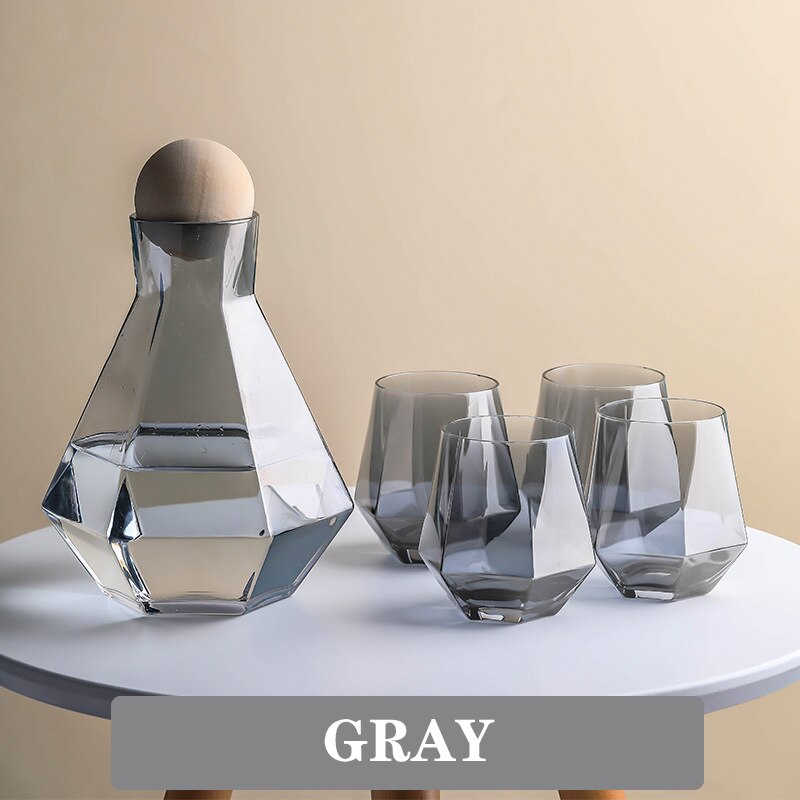 1.4L Geometrical Glass Pitcher with 4 Cups Borosilicate Water Carafe Teapot Tea Kettle Water Jug Drink Dispenser Colorful Clear: gray-1 jug 4 cup