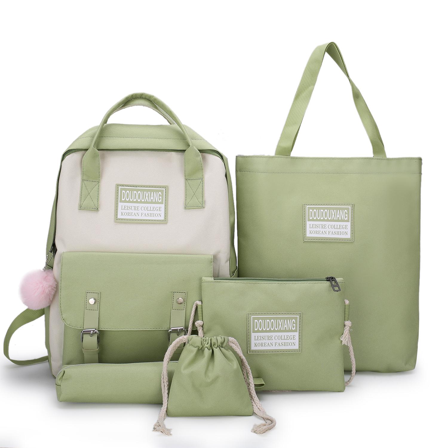 Canvas Female Book Bag Backpack 5pcs/set Schoolbag School Bag Travel Pack Tassel Women Teenage Teenagers Girl: Style 7 Army Green