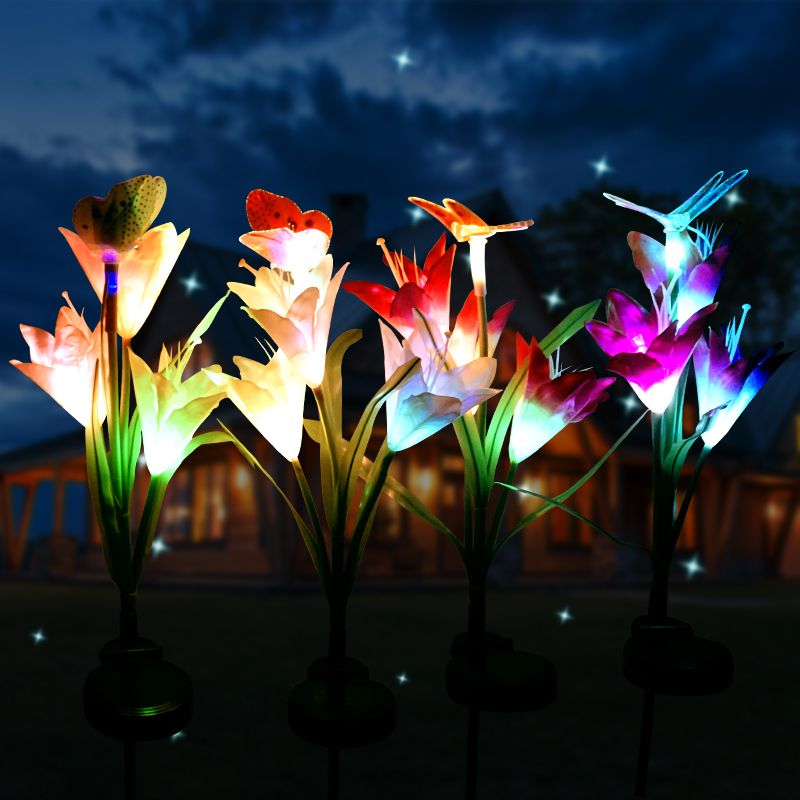 Buitenzonnepadverlichting, leliebloem, tuingazonlamp, meerkleurige ledlamp, 2- pack