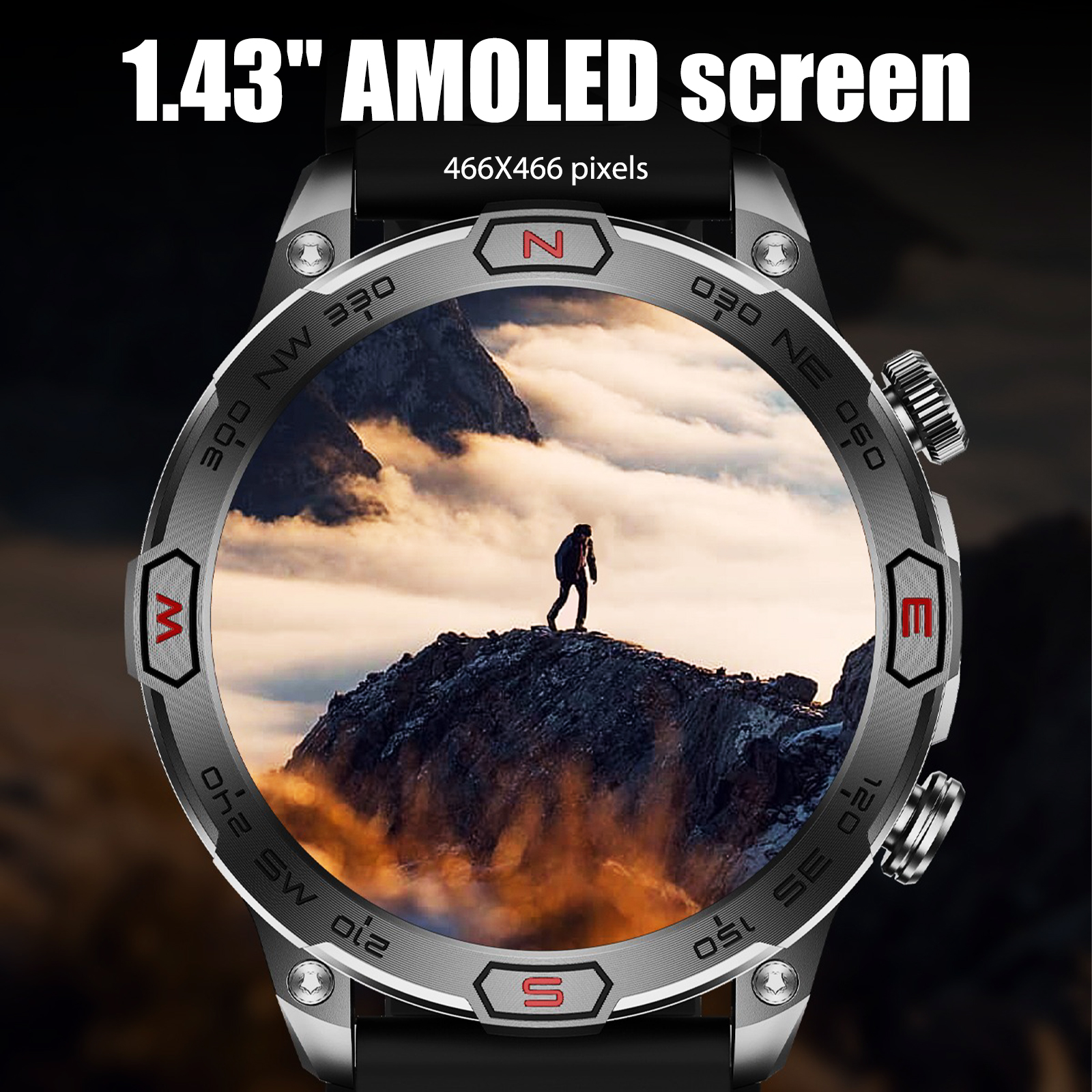 EIGIIS sprytny zegarek KC86 1.43 "ekran AMOLED 1ATM wodoodporny zegarek sportowy dla mężczyzn z kompasem wysokości barometr doprowadziło latarka doprowadziło