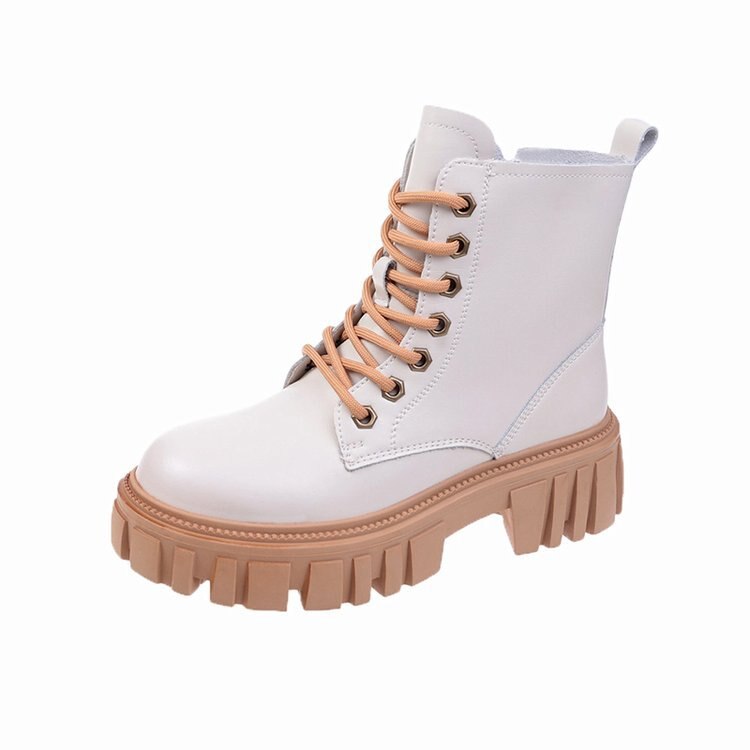 Botas Martin de fondo grueso para mujer, botines con cordones de estilo británico, a la , Otoño e Invierno: Creamy-white / 35