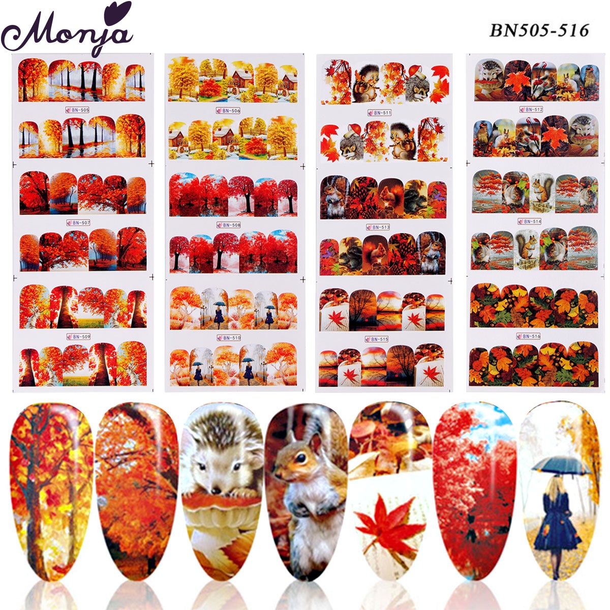 Monja 12 Stks/set Nail Art Water Transfer Sticker Herfst Serie Mix Patroon Maple Leaf Leuke Animal Nail Decals Manicure Decoratie