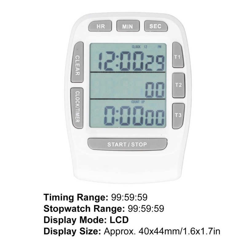 Triple minuterie horloge compte à rebours 4.0x4.4cm écran LCD multifonction blanc batterie intégrée
