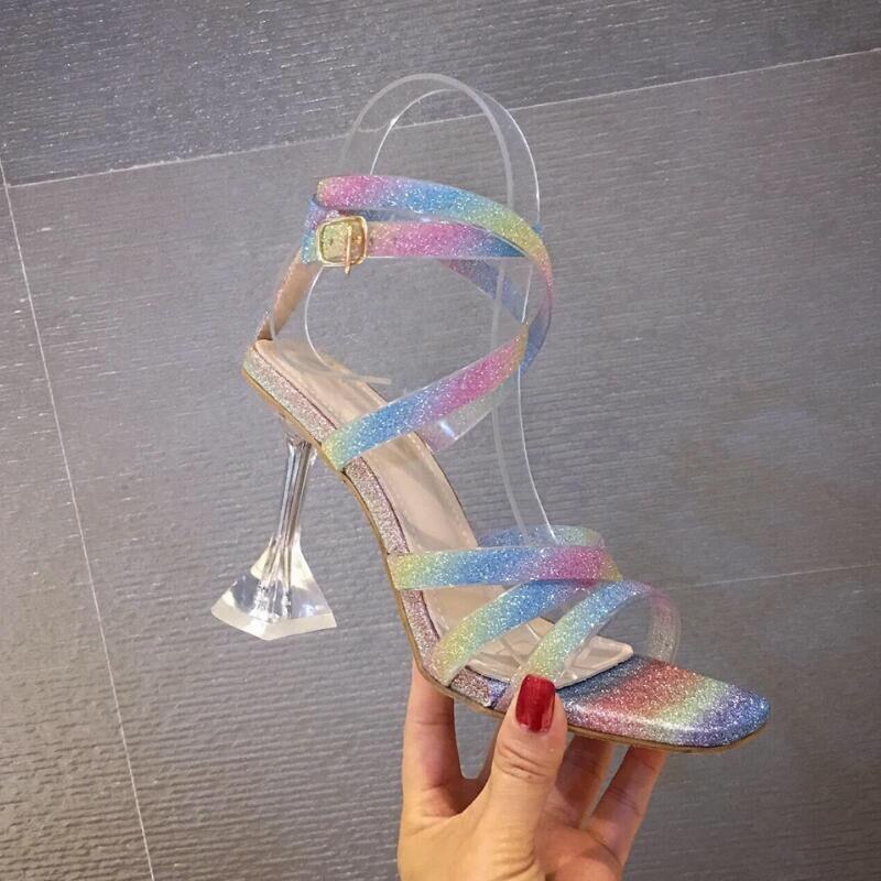 Sandalias MHYONS de de Color neón de PVC, sandalias sexis con puntera cuadrada, hebilla cruzada en el tobillo, correa de cristal, zapatos de boda con tacón Perspex