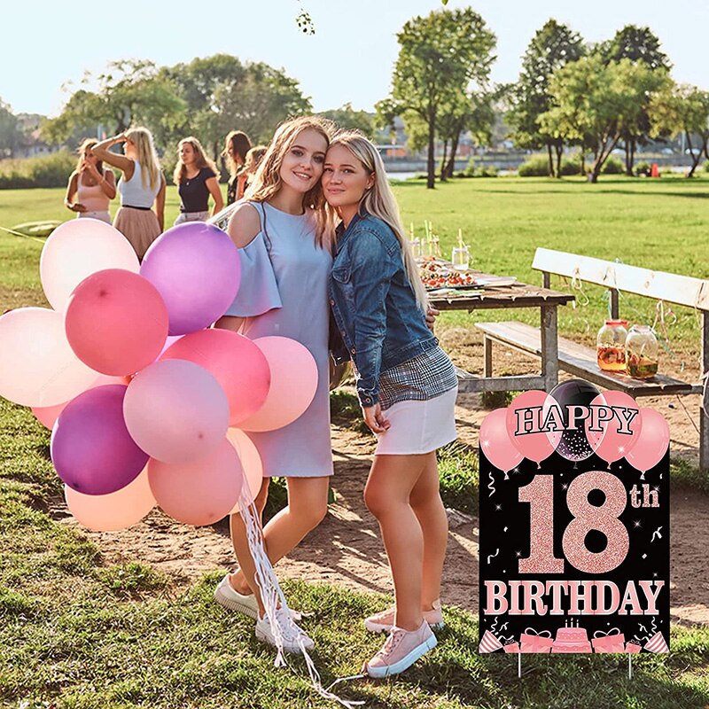 Happy 18th Birthday Yard Sign Party Favor Waterproof Rose Gold Theme Pink Lawn Signs Birthday Decoration Supplies for Teens