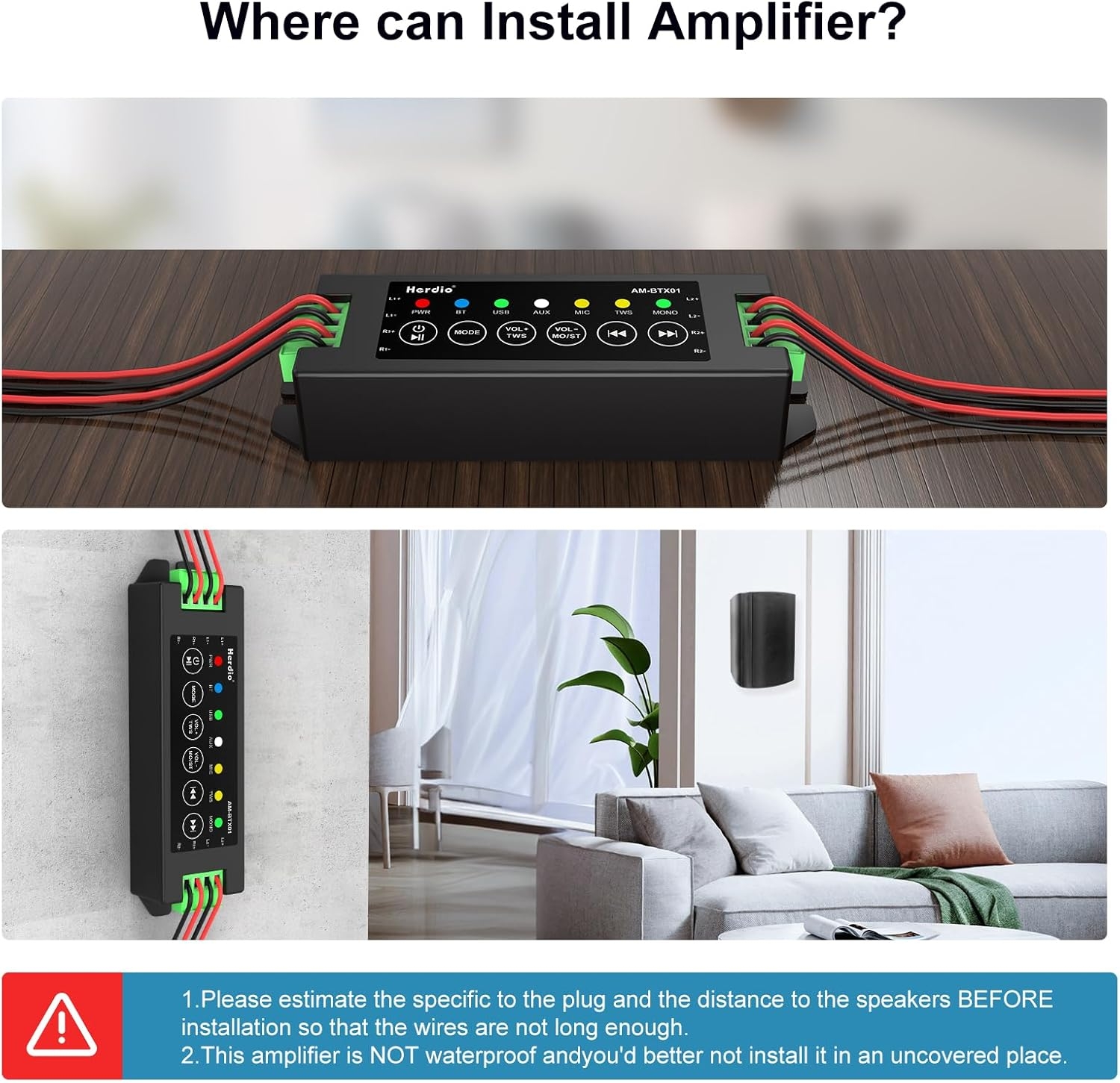 Herdio 24V3A Power Adapter 4-Channel Mini Bluetooth Amplifier For Passive Speakers With TWS AUX MIC USB For Wall Ceiling Speaker