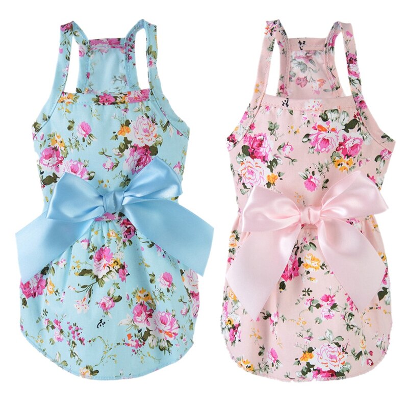 -Vestido de cão de verão de algodão azul estilingue cão saia bowknot camisa roupas de aniversário pequeno filhote de cachorro respirável vestido fresco para cães