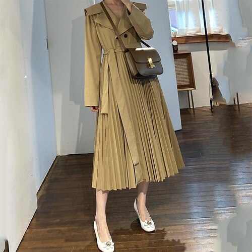 Trench-Coat plissé Double boutonnage pour femme, manteau Long Vintage, Style anglais, coupe-vent féminin avec ceinture: Kaki / M
