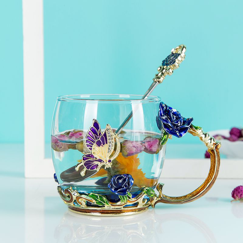 350ml emalj 3d fjärilsros kaffekopp värmebeständig blomma te glas kopp sked set dricksglas bröllop: Kort stil