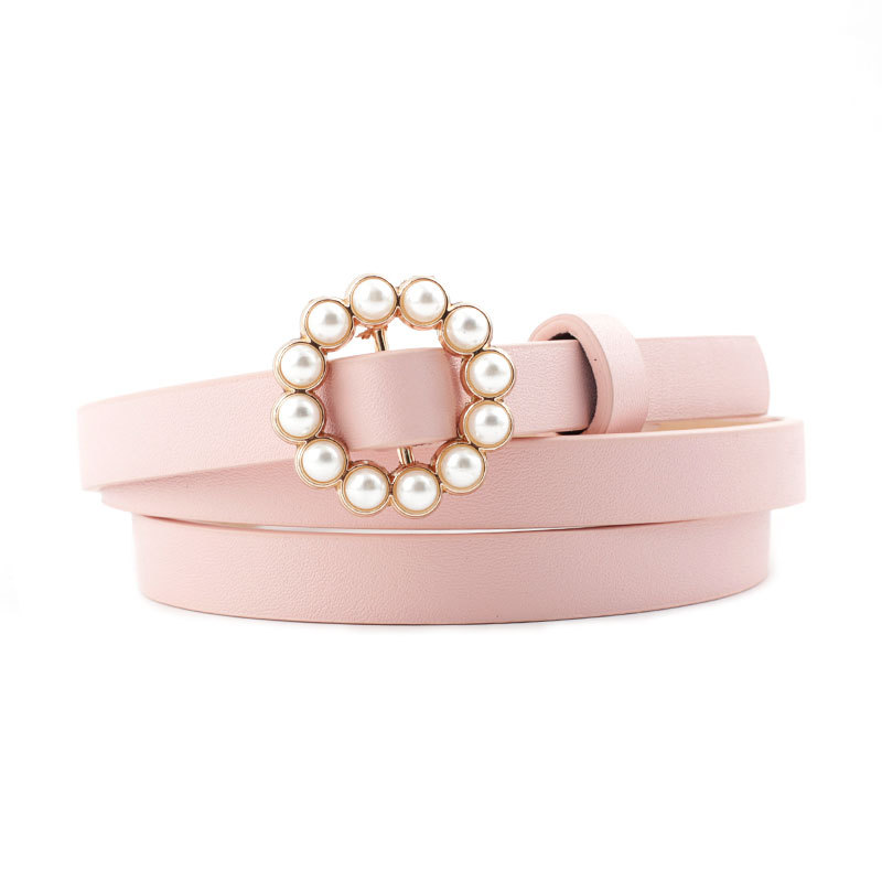 Perle dekorativt belte dame belte rund pin spenne perle belter dame casual solid pu lær tynt belte: Rosa