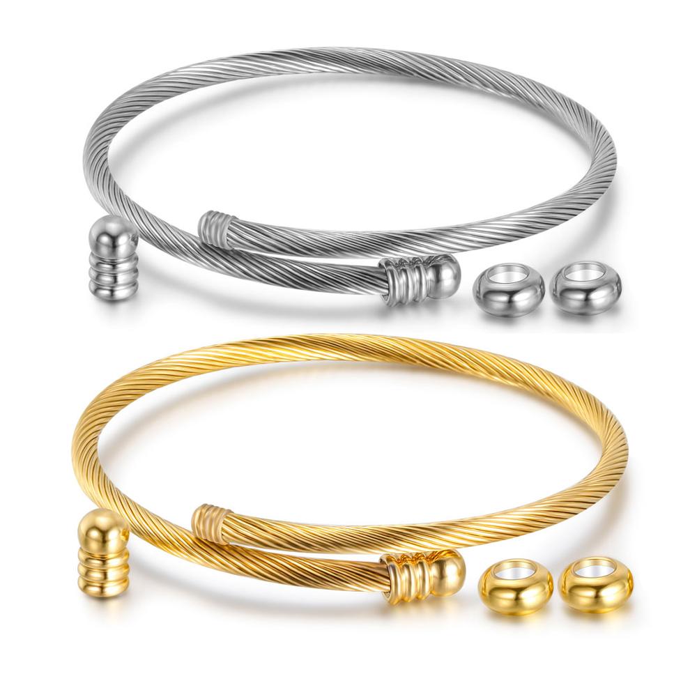 Unisex Elastische Kabel Draht Armband Edelstahl Armband Schraube mit Wechsel Ende Stecker Twisted Manschette Charme Perlen fit DIY Schmuck