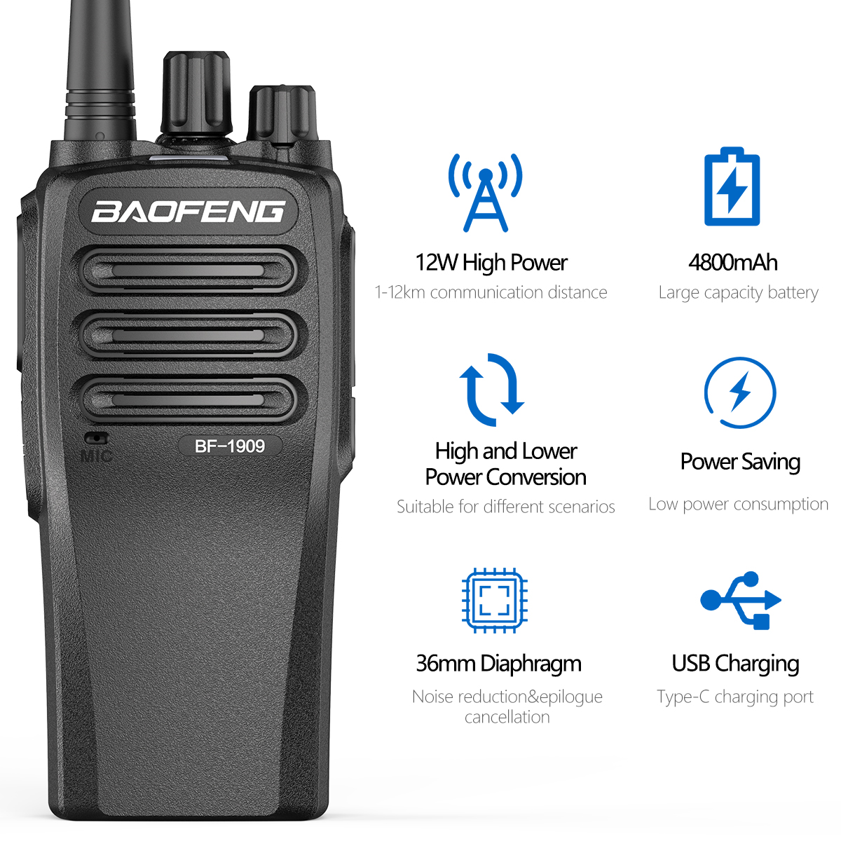 BaoFeng BF 1909 12W High Power Walkie Talkie Long Range Two Way Radio Type C Charging Transmitter Upgrade BF 888S UV 5R UV 82