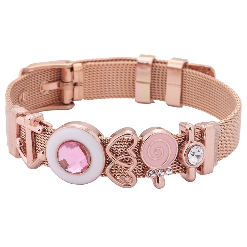 Baopon roze lolly schuifbedelarmband voor dames en kinderen, roestvrij staal, hart-tot-hart mesh armband, armbanden, sieraden