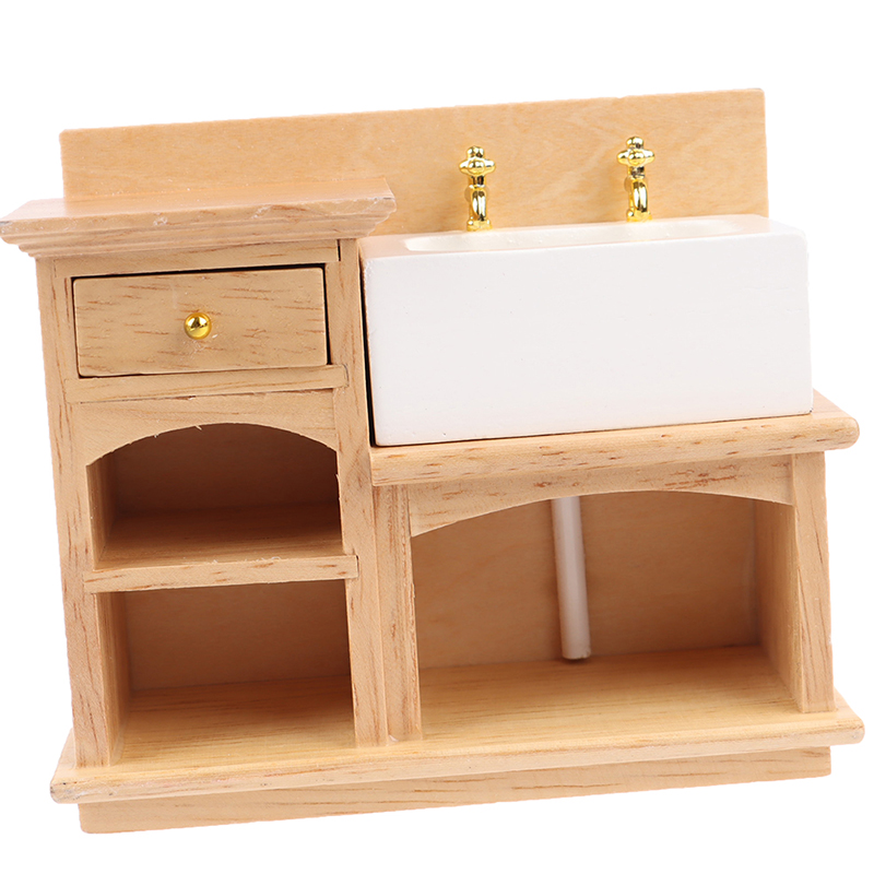 1PC 1/12 Holz Waschbecken Schrank mit Keramik Hand Waschbecken Miniatur Möbel Spielzeug für Puppenhaus Schlecht Küche Dekoration