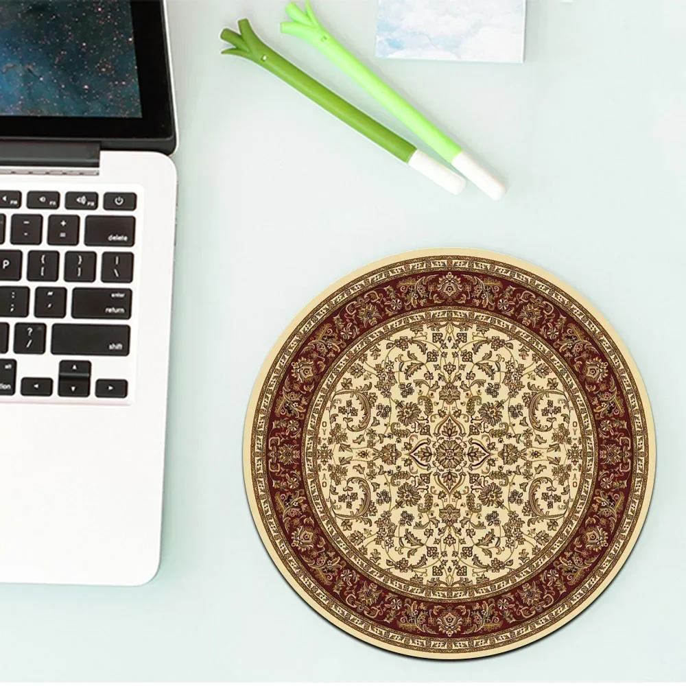 Round Mini Persian Carpet Pattern Mouse Pad Table Rug Anti-slip Mat Desktop 22x22cm Game Computer Mat Gaming Keyboard Gamer Rugs: light yellow
