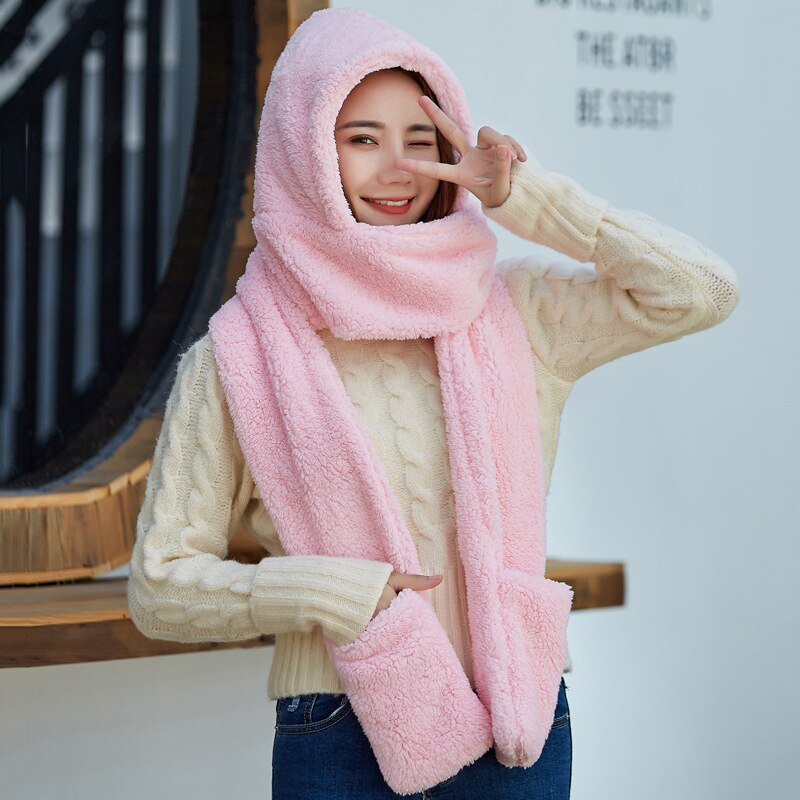 3 In 1 Vrouwen Warm Hood Sjaal Snood Pocket Handschoenen Hoed Leuke Voor Winter Outdoor-MX8: pink