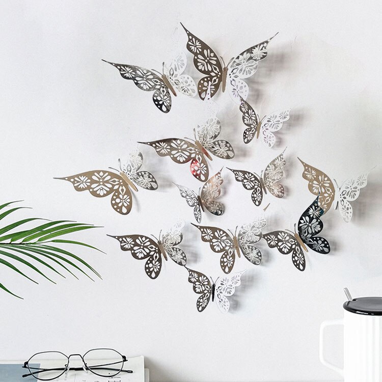 12pcs/set 3D Hollow Butterflies Wall Sticker for Home decoration Living room bedroom for Party Wedding decor Butterfly stickers: Silver G