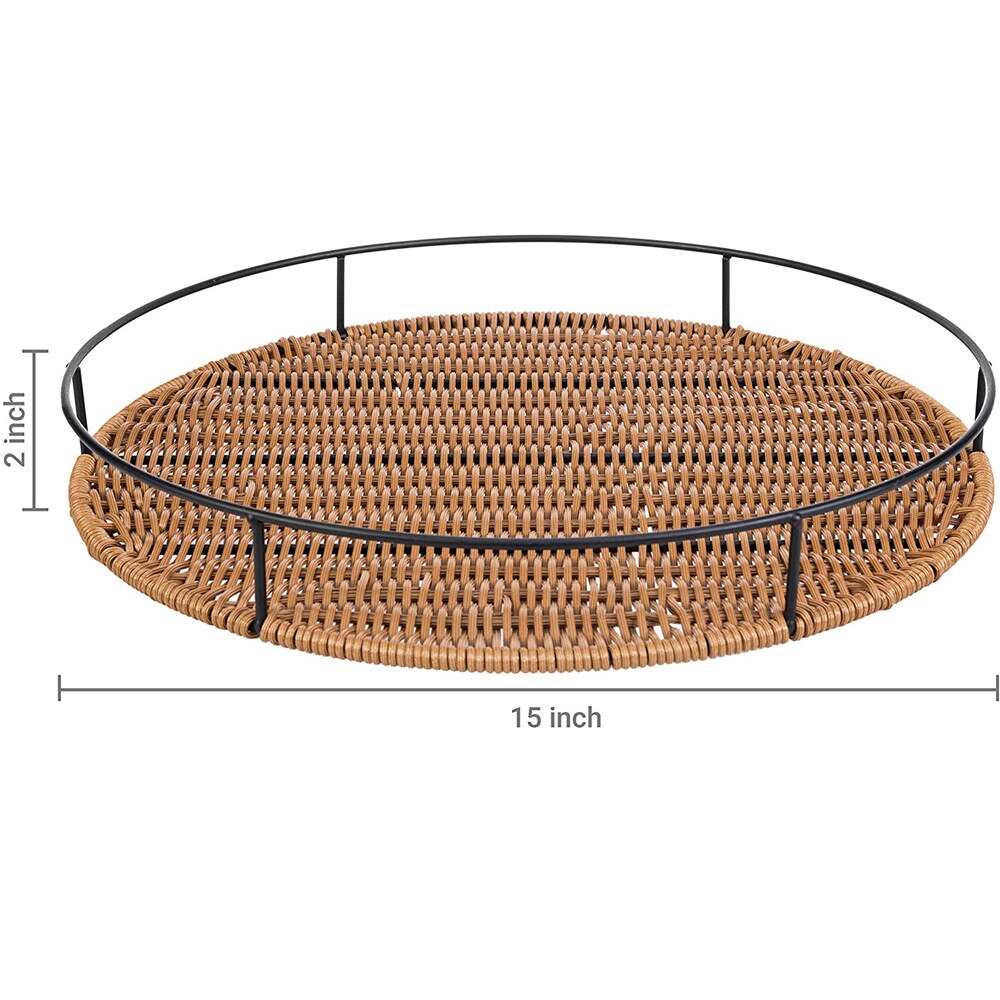 Rattan Woven Tray Round Basket Tray Coffee Table Tray Wood Plates Ottoman Tray for Living Room Brunch Decor Kitchen Ware