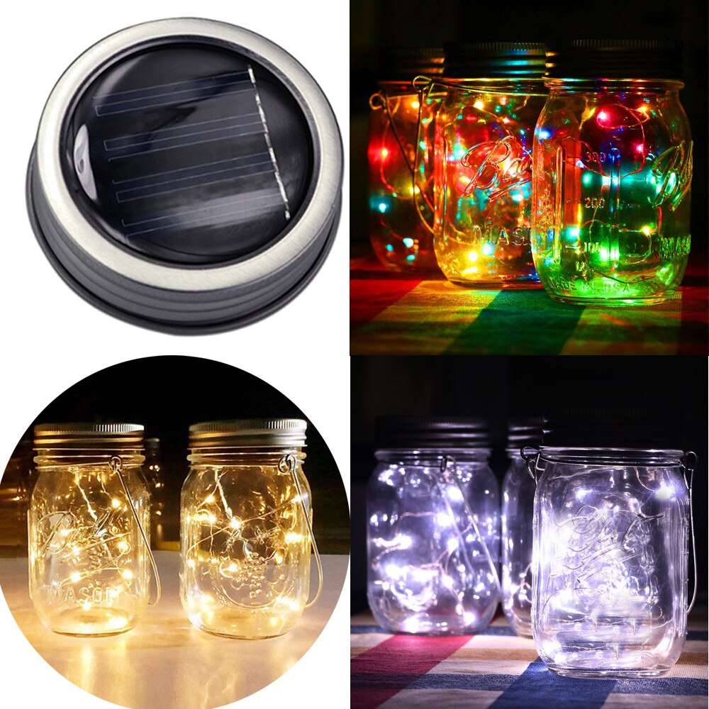 Guirnalda de luces LED alimentada por energía Solar para Mason Jar, tapa de tarro con cambio de Color, decoración de jardín, frascos para la boca regulares, n. ° 20