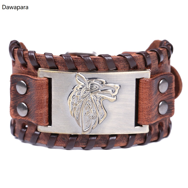 Dawapara Viking Wolf Hoofd Armband Voor Mannen Badge Charm Punk mannen Zwart Lederen Armband Brede Leren Armbanden Voor Vrouwen: Bronze and Brown