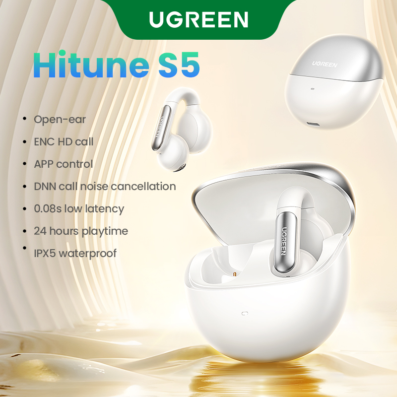 UGREEN HiTune S5 TWS Open Ear Clip Wireless Earbuds Bluetooth Sports Earphones Headphones in Mic with Earhooks & Ear Hook: WHITE
